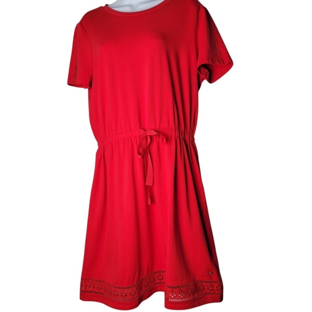 Tommy Hilfiger Cherry Red Eyelet Hem Dress Women's M‎ Preppy Hike Casual Travel